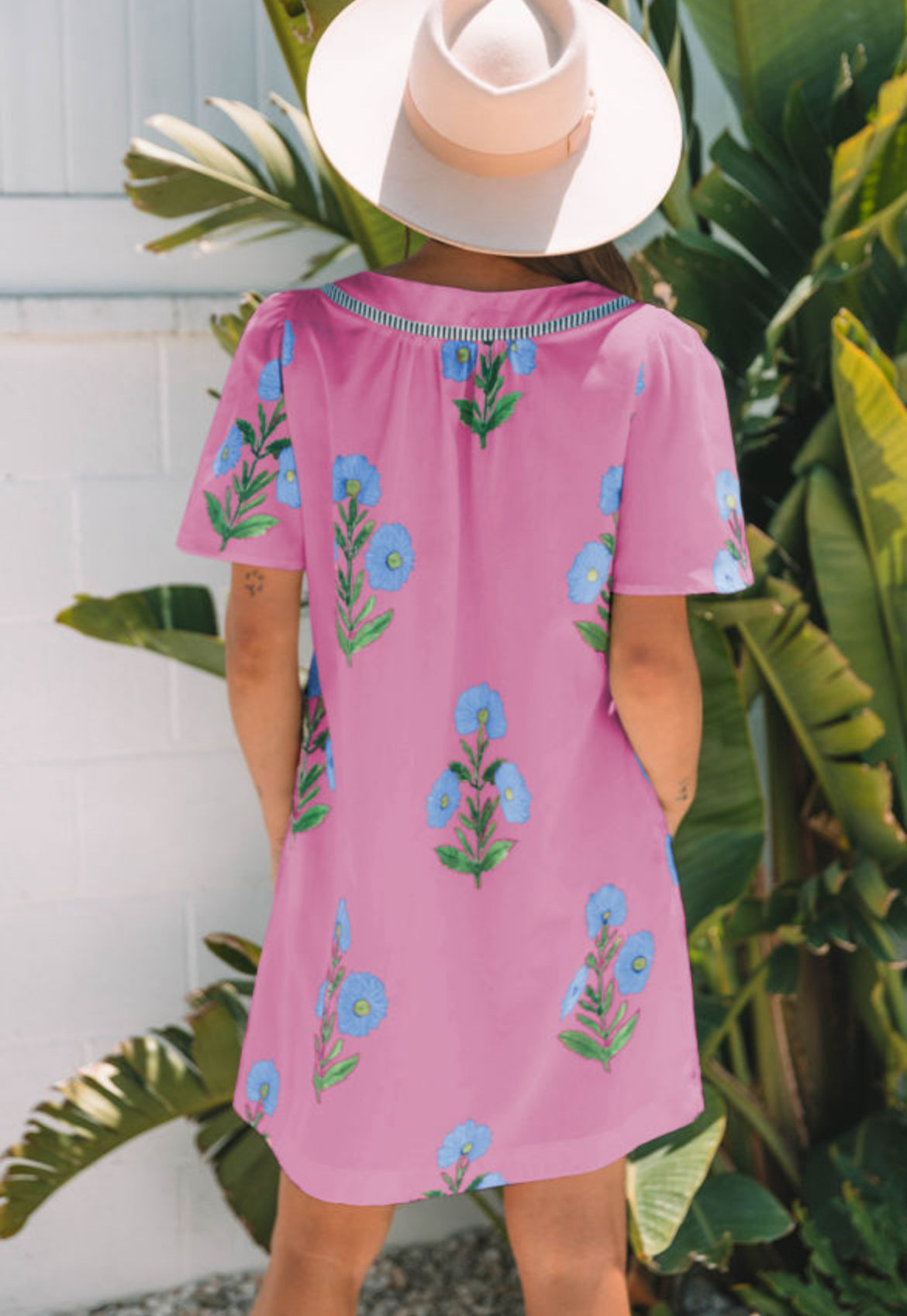 Pink floral split neck dress