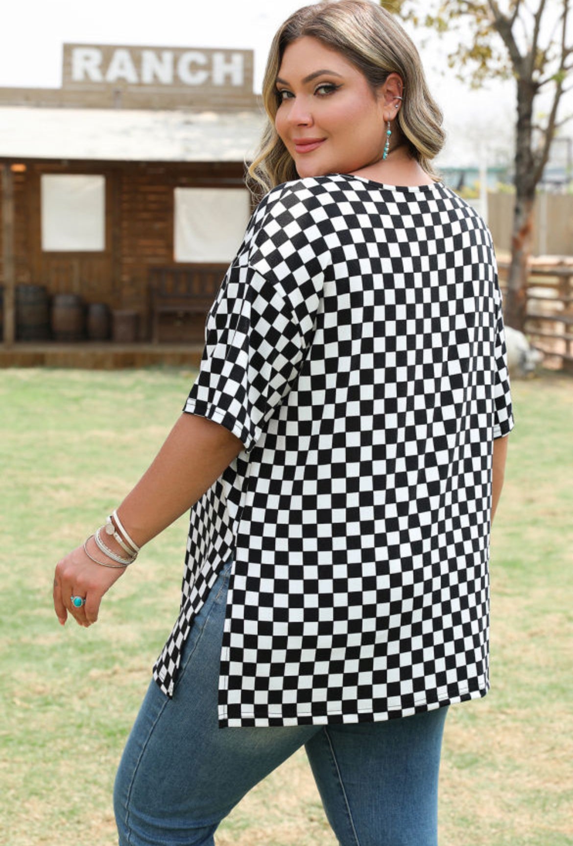Checkered print side slit shirt