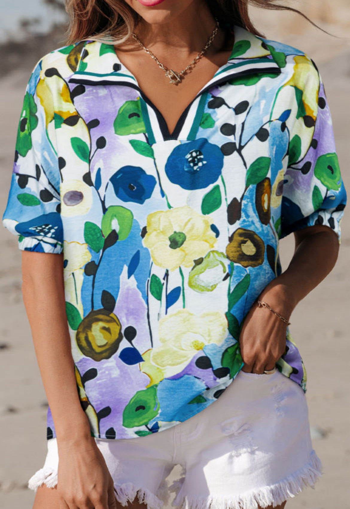 Floral V-neck collared blouse
