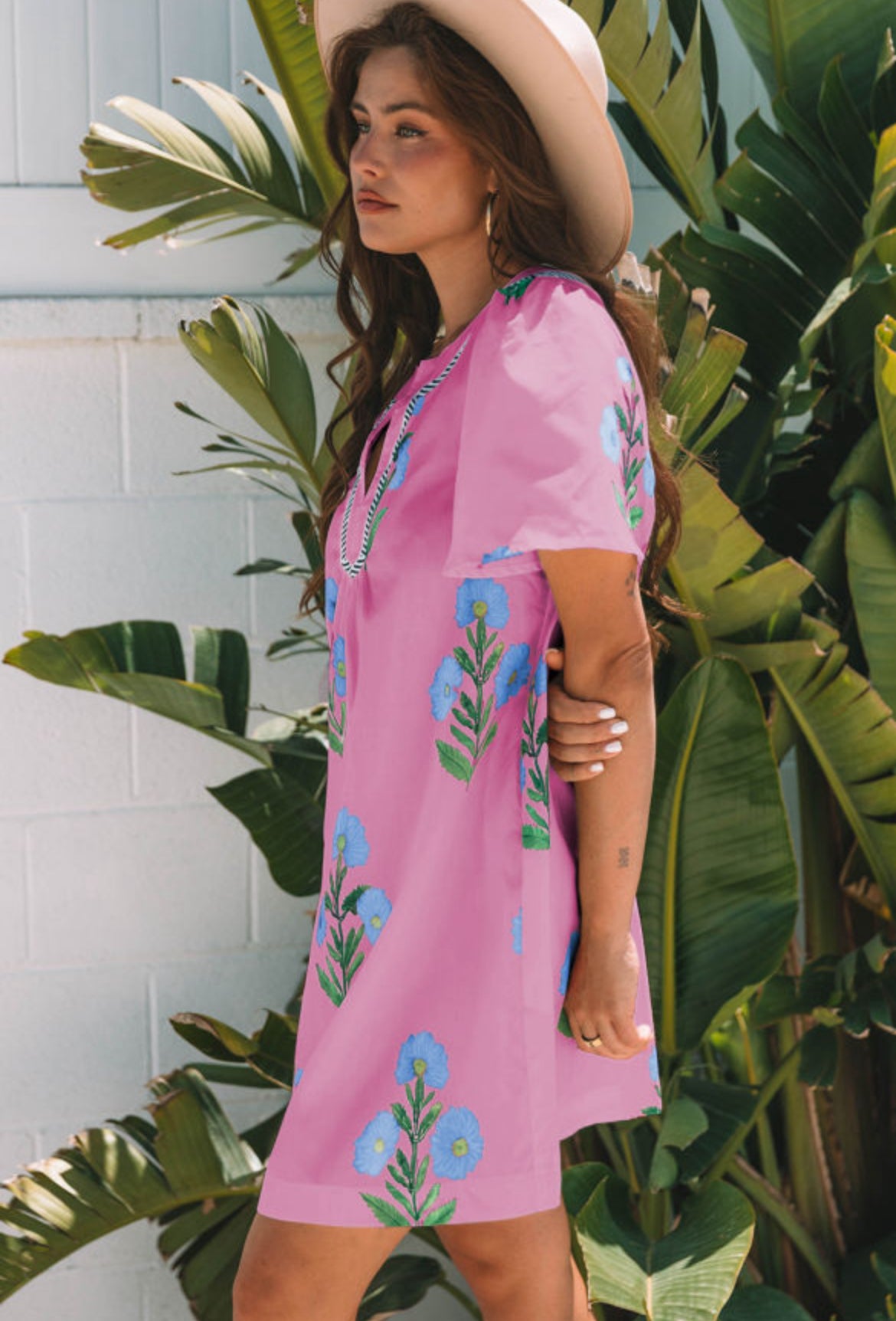 Pink floral split neck dress
