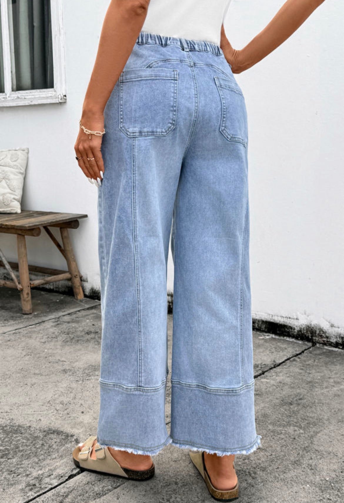 Drawstring raw hem wide leg jeans