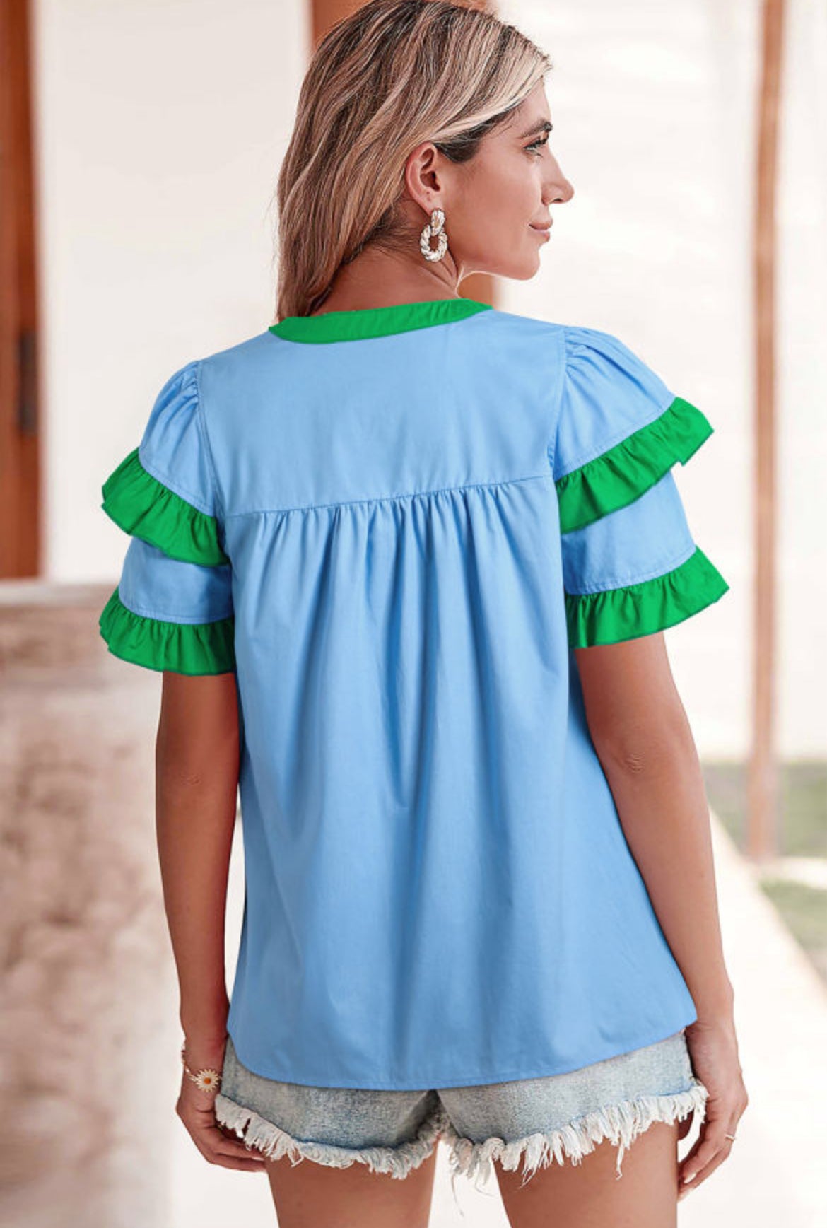 Blue/green trim frilled blouse