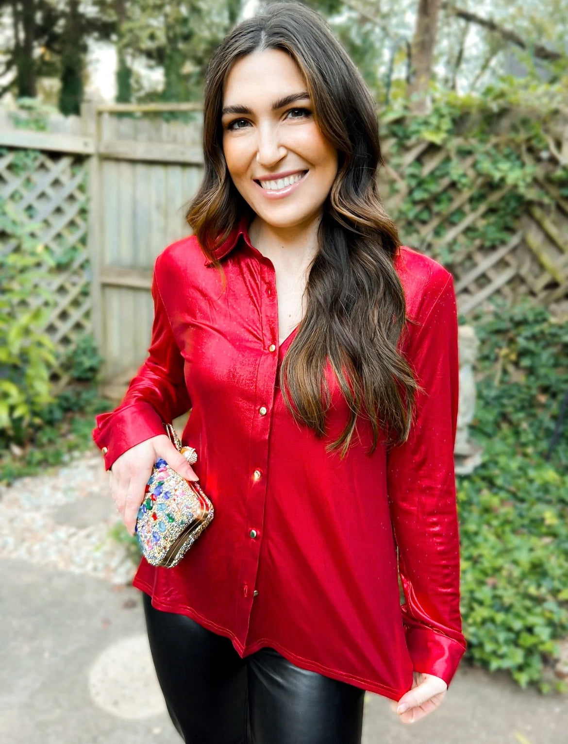 Red halo holographic button up blouse