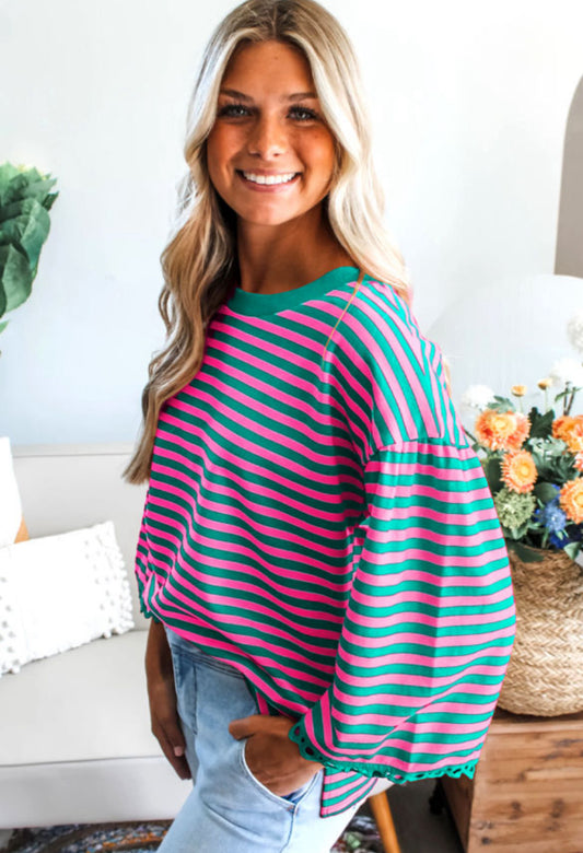 Striped lace trim blouse