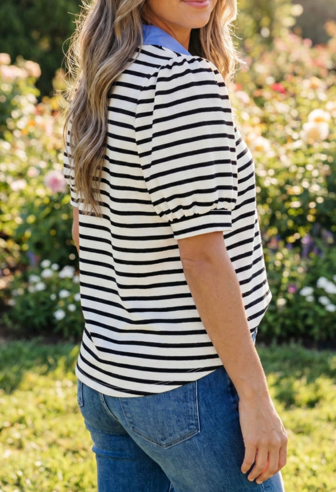 Black stripe blue collar polo blouse