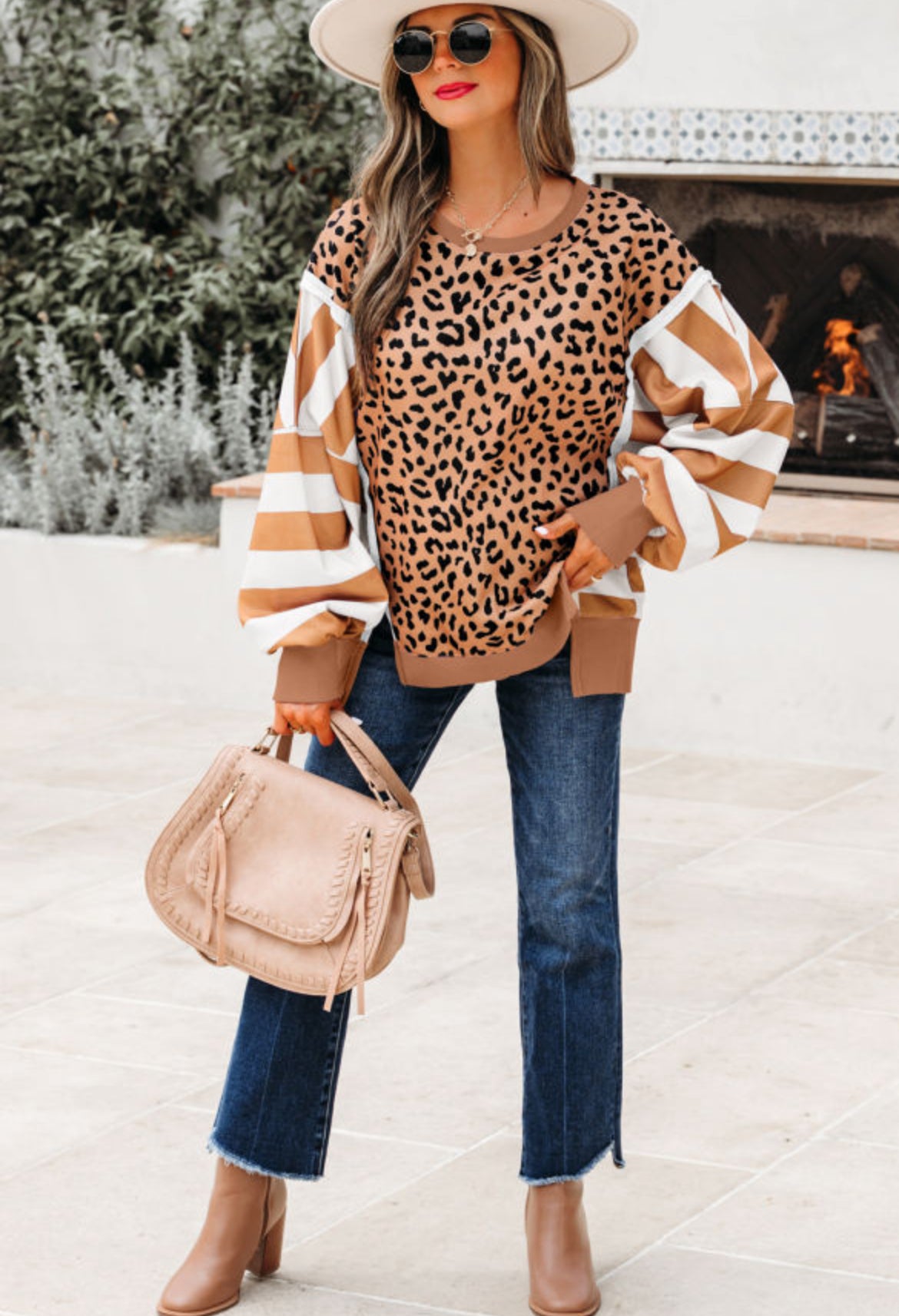 Leopard color block sweatshirt-white