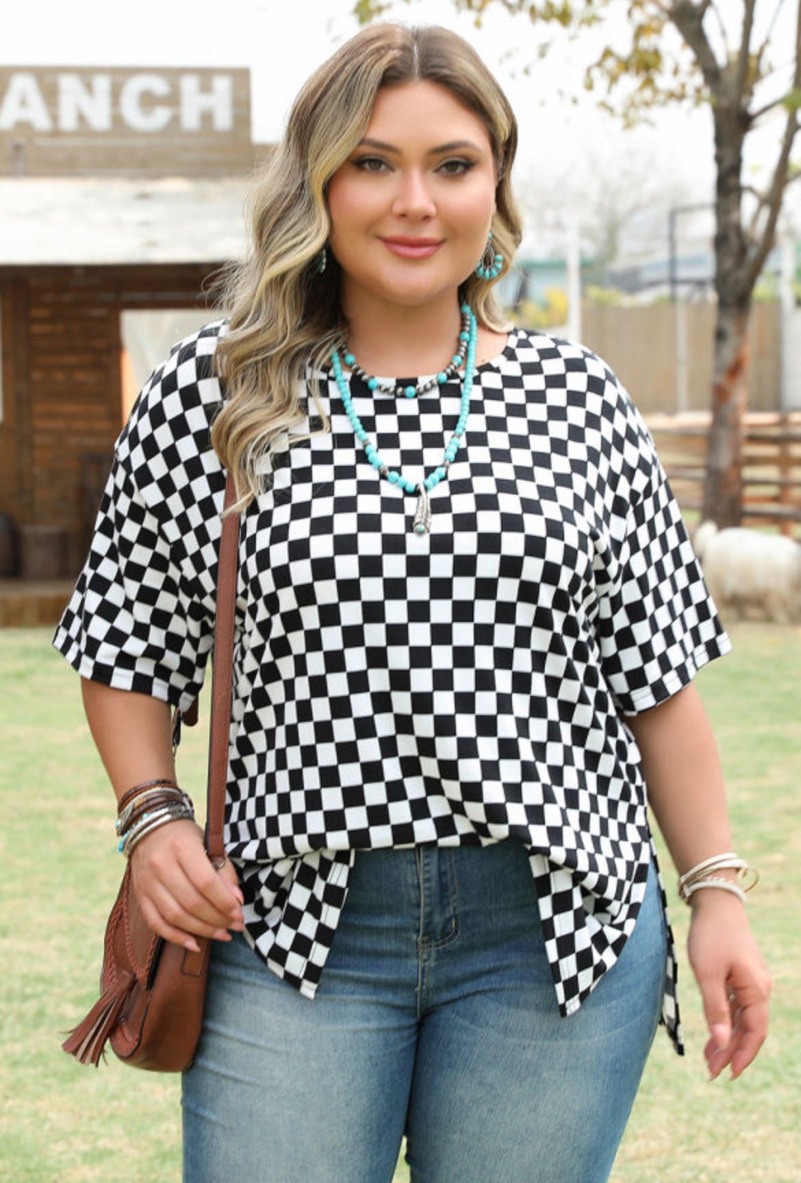 Checkered print side slit shirt