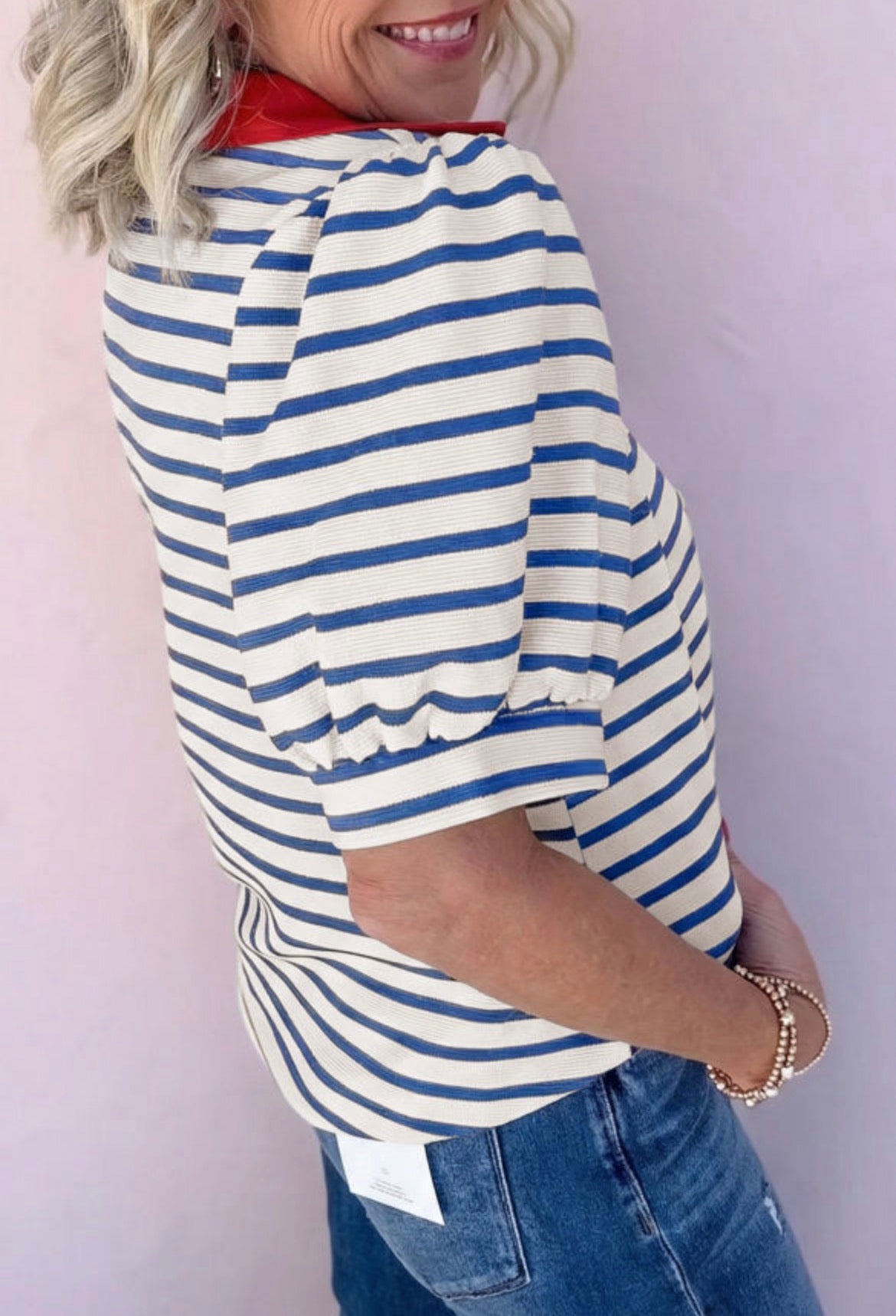 Blue stripe red collar polo blouse