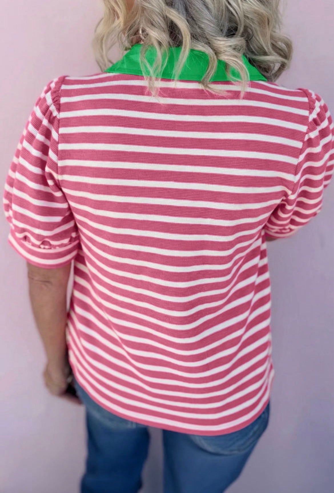 Pink striped green collar polo blouse