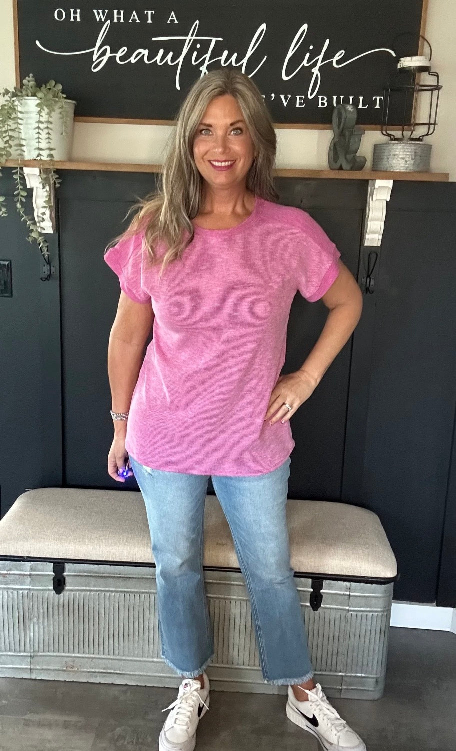 Magenta ribbed oversized top