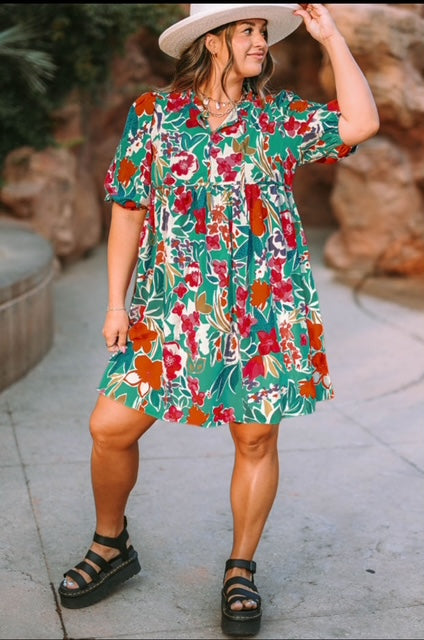 Blue Floral Print Puff Sleeve Babydoll Dress