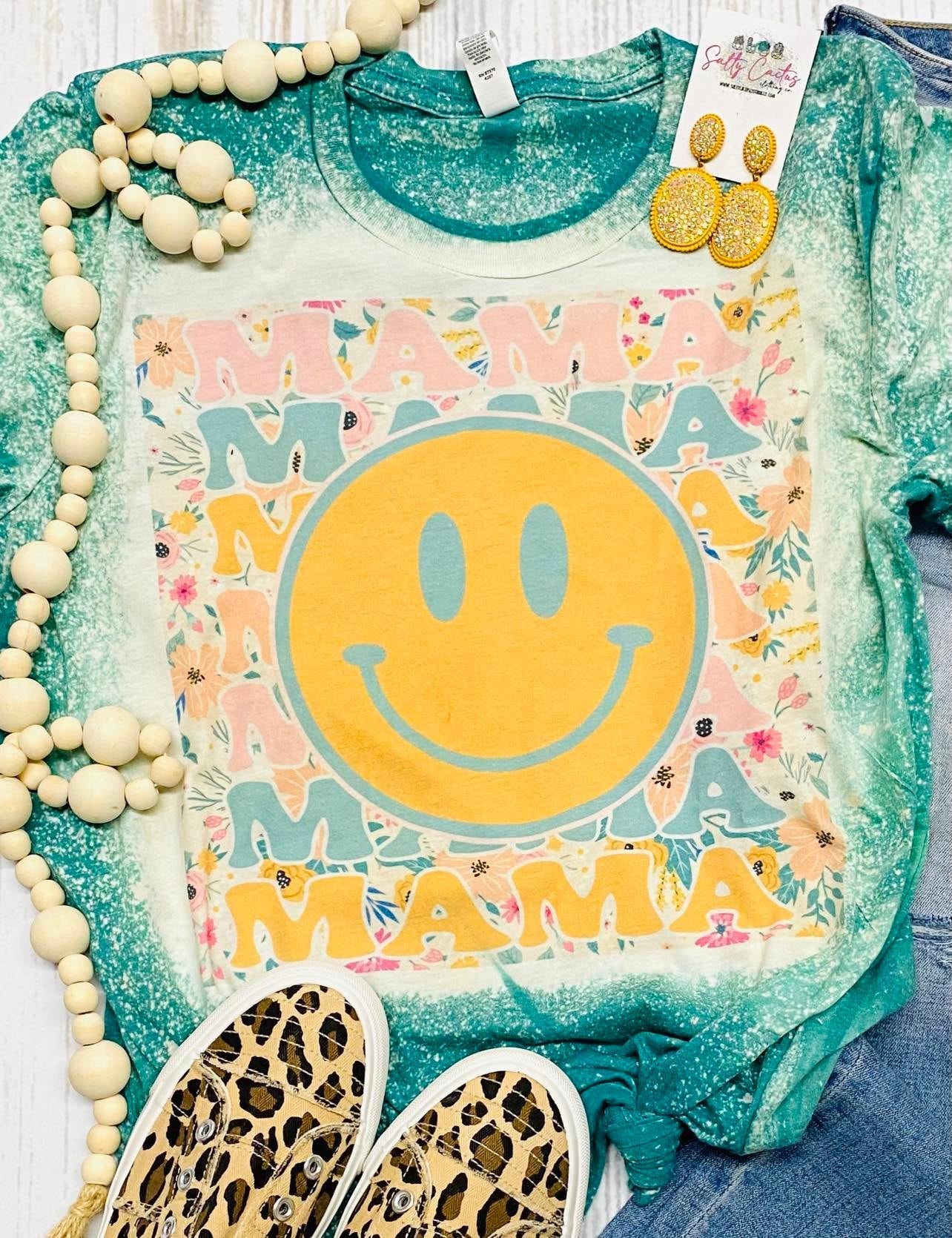 Floral Mama Smiley Teal Bleached Tee