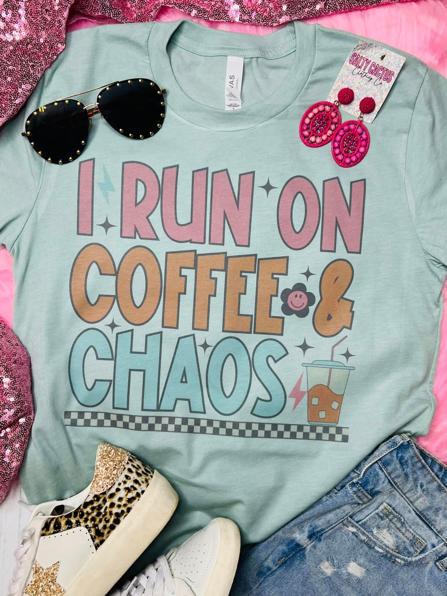 I Run On Coffee and Chaos Multicolor Retro Dusty Blue Tee