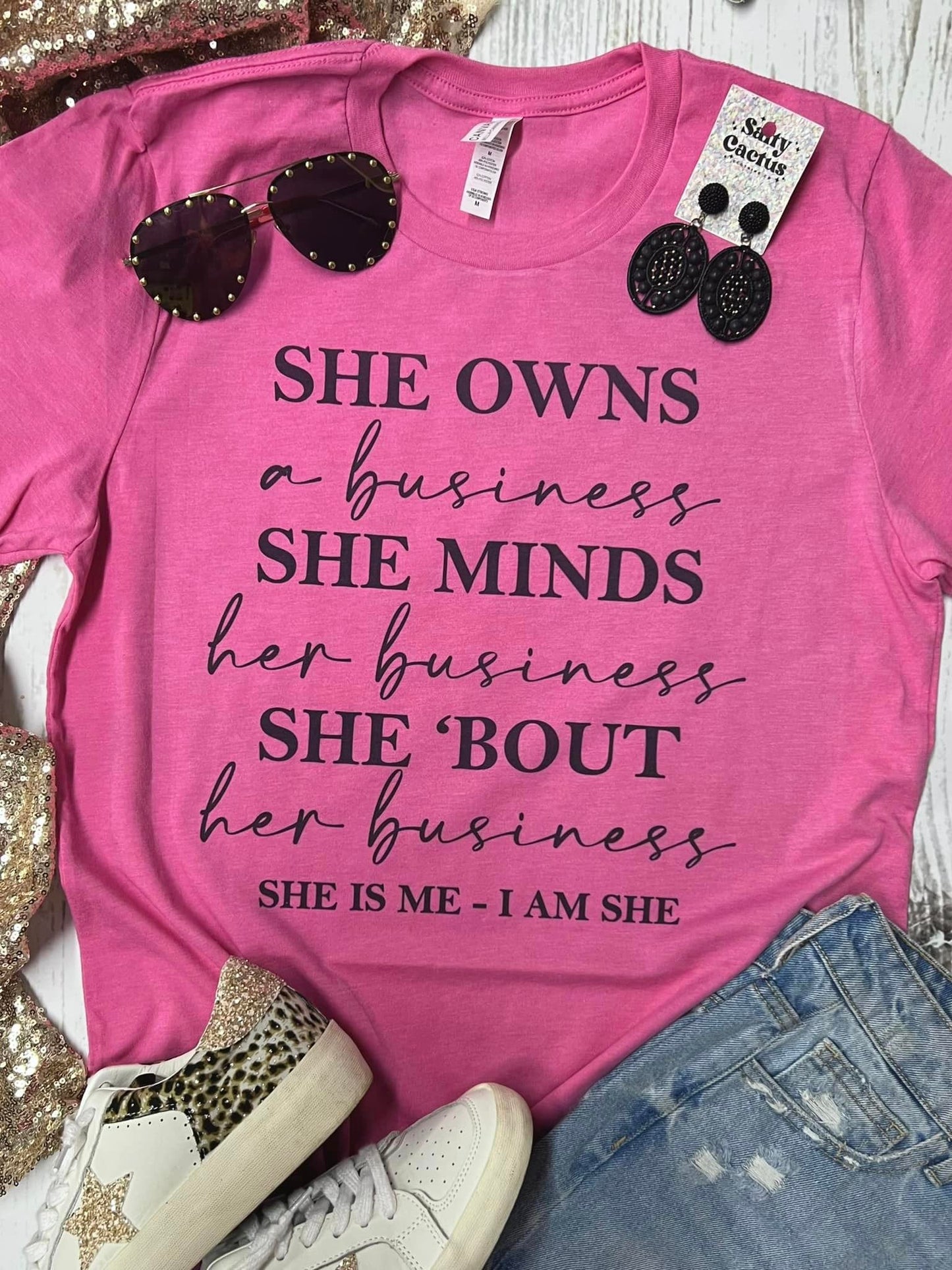 She Owns A Business Heather Charity Pink Bella Tee