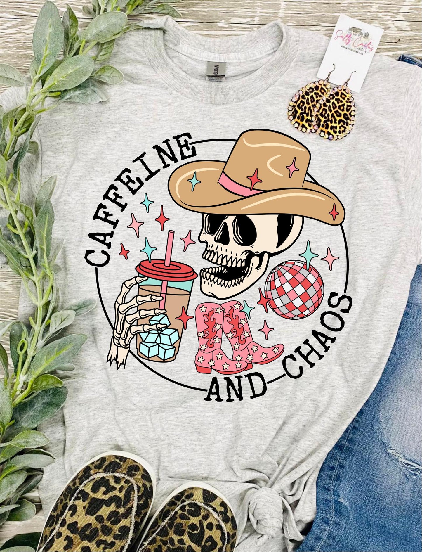 Caffeine and Chaos Skeleton Grey Tee