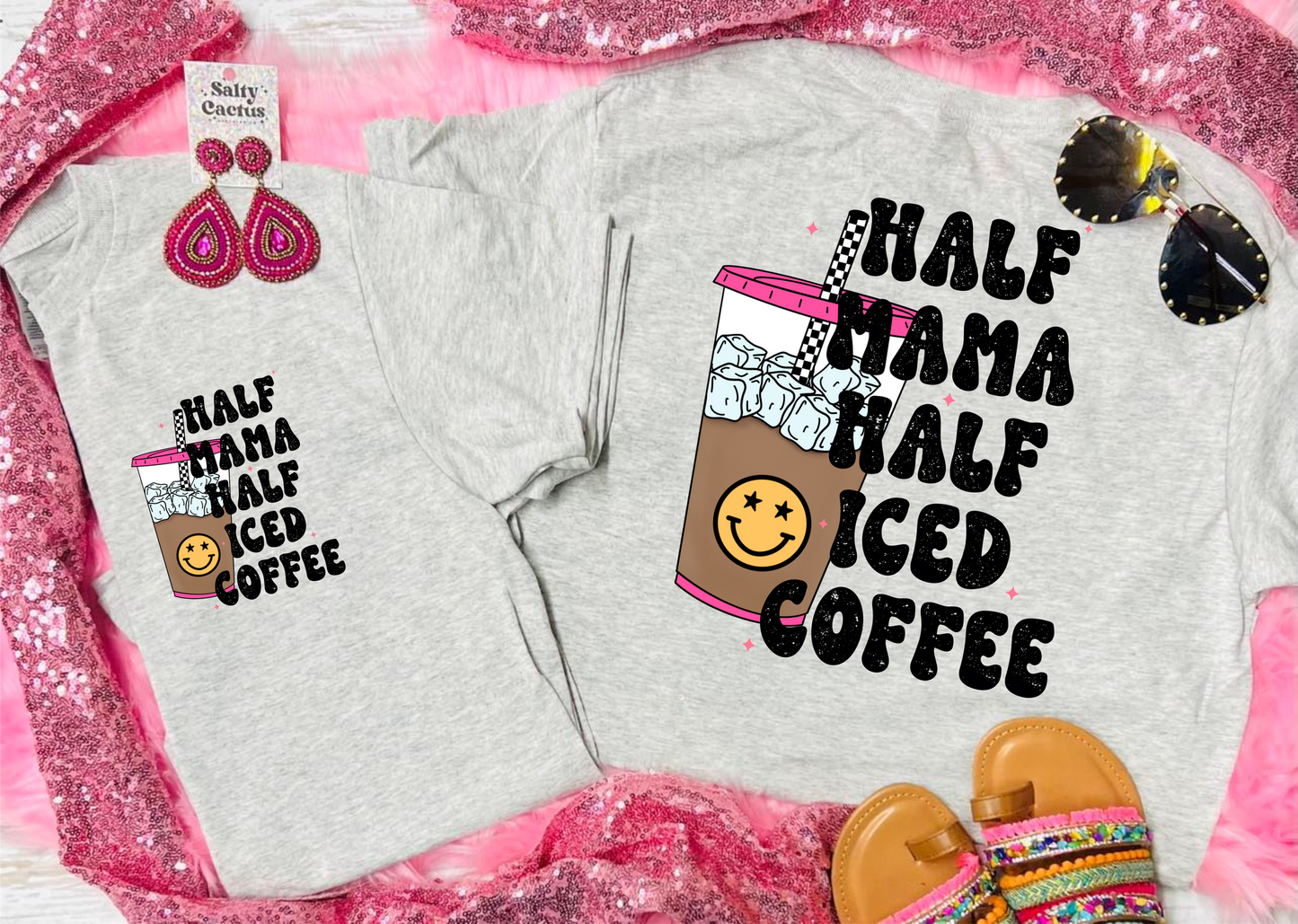 Half Mama Half Iced Coffee Front Pocket and Big on Back Design Grey Tee