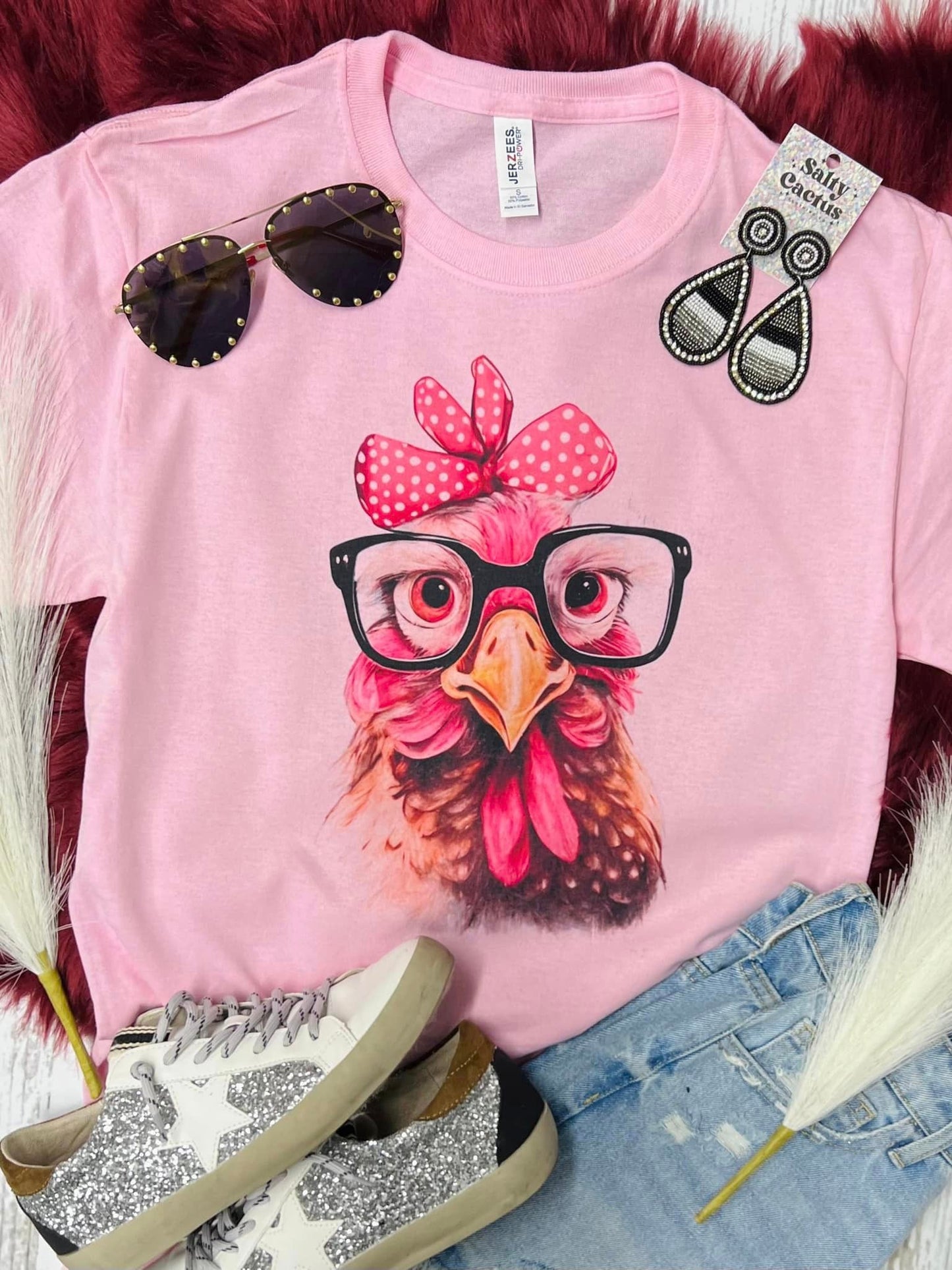 Chicken Face With Glasses on Baby Pink Tee