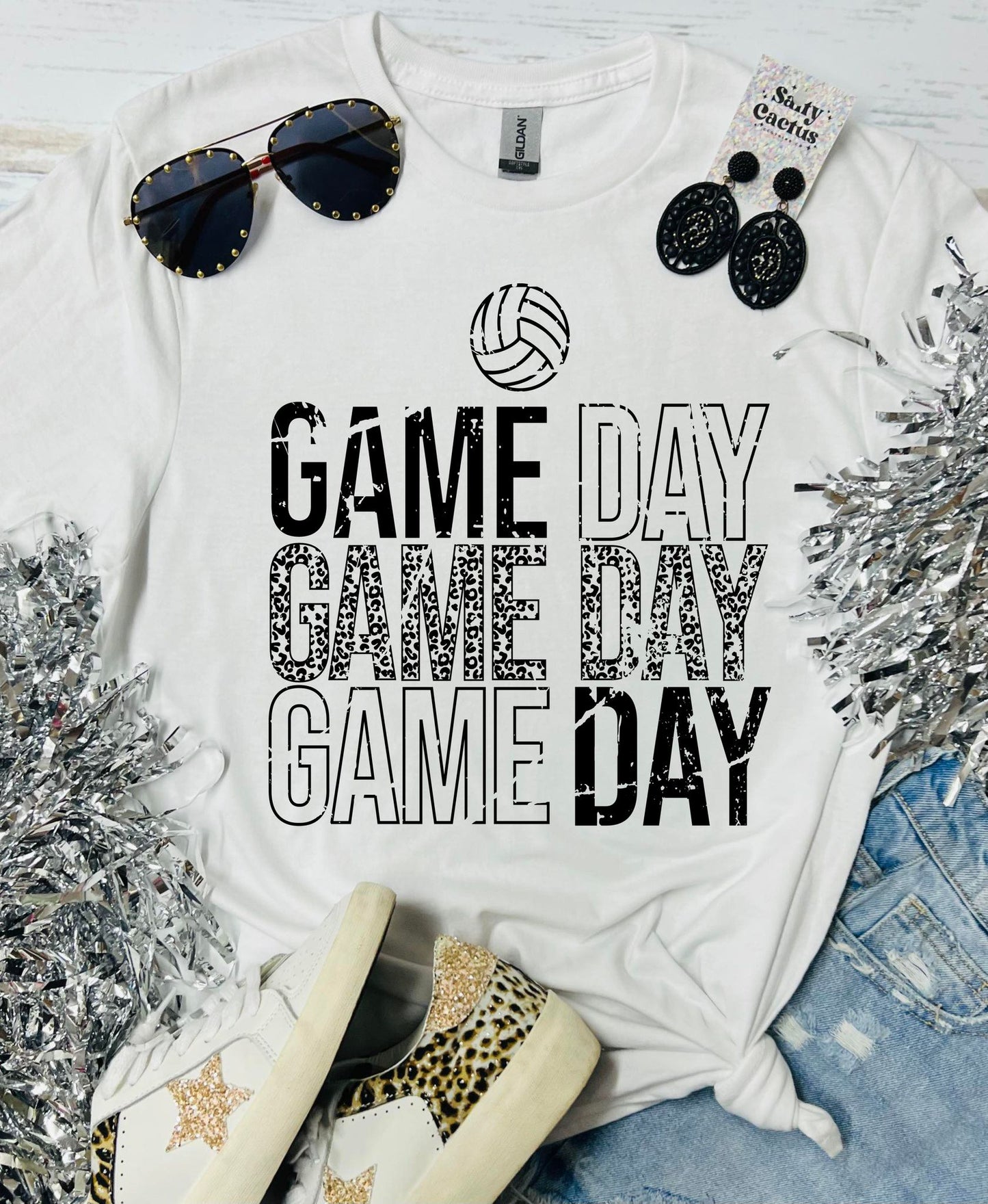 Game Day Stacked Volleyball Distressed White Tee