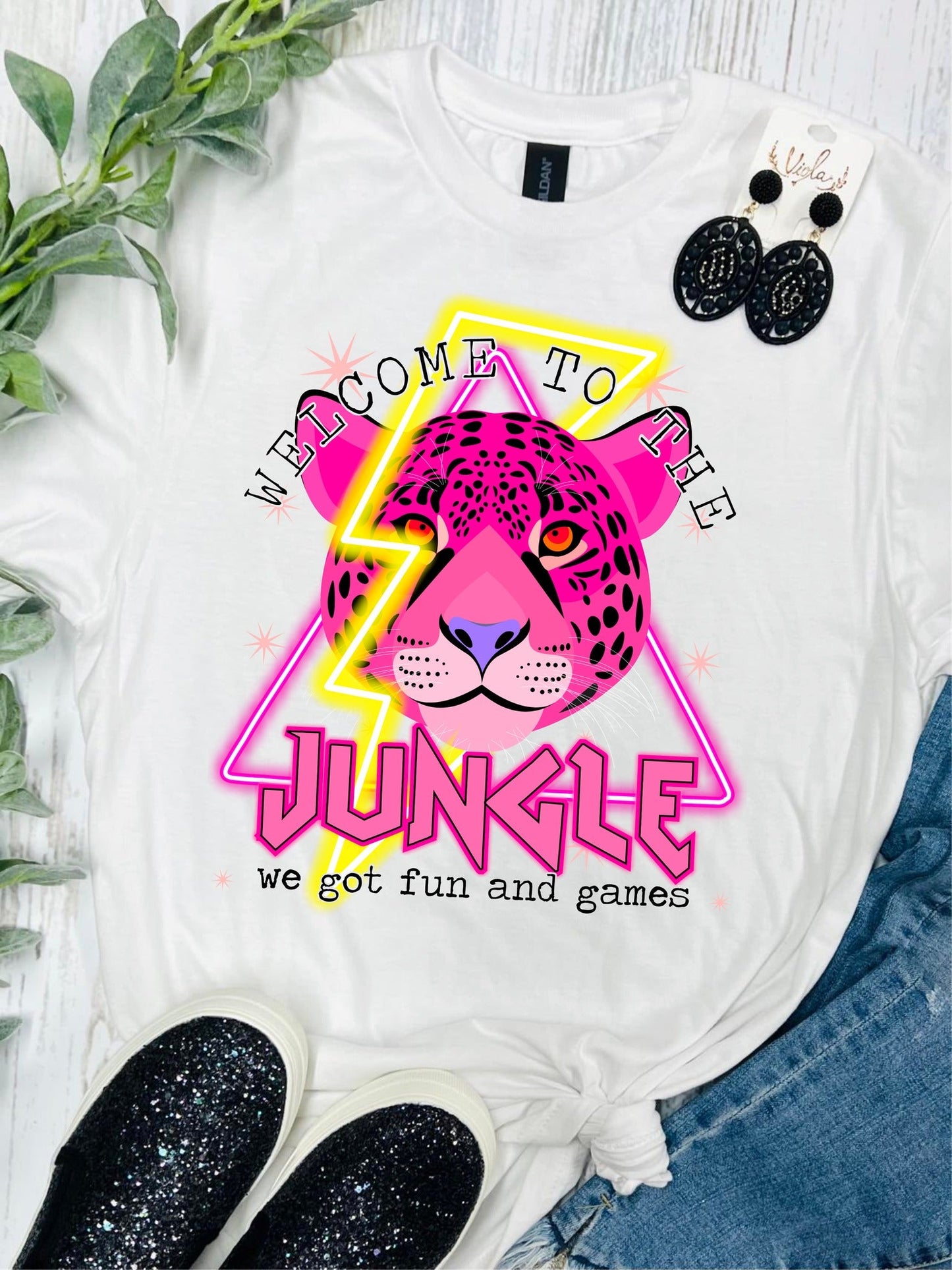 Welcome To the Jungle Neon on White Tee
