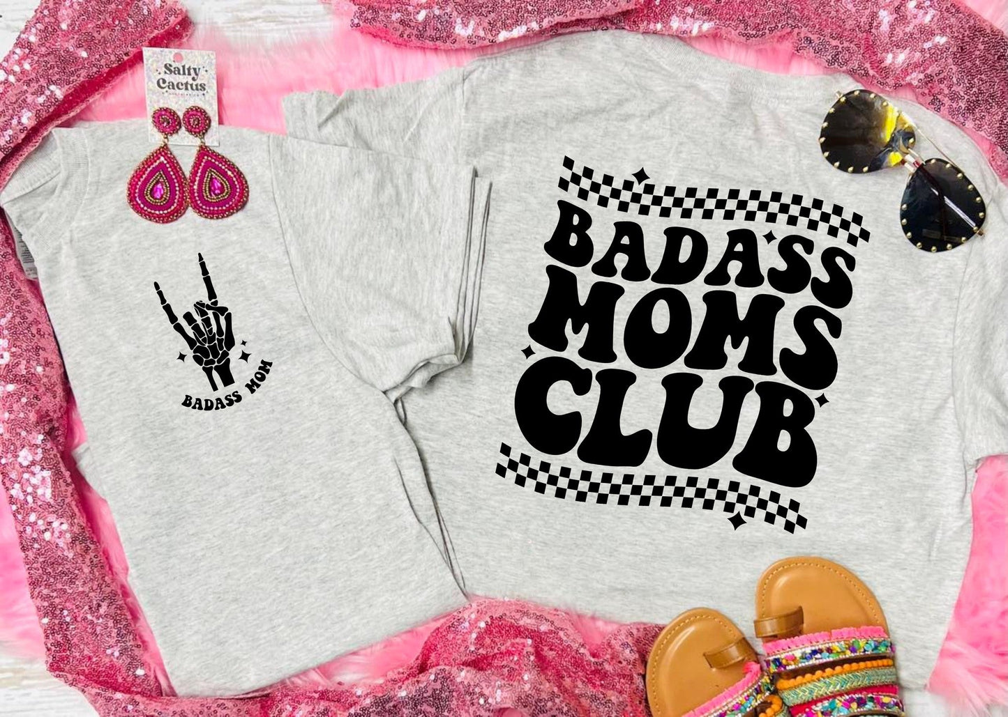 BadA$$ Moms Club Front Pocket & Big On Back Design Ash Grey Tee