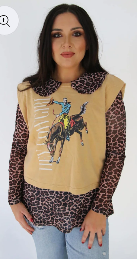 Collared leopard mesh top