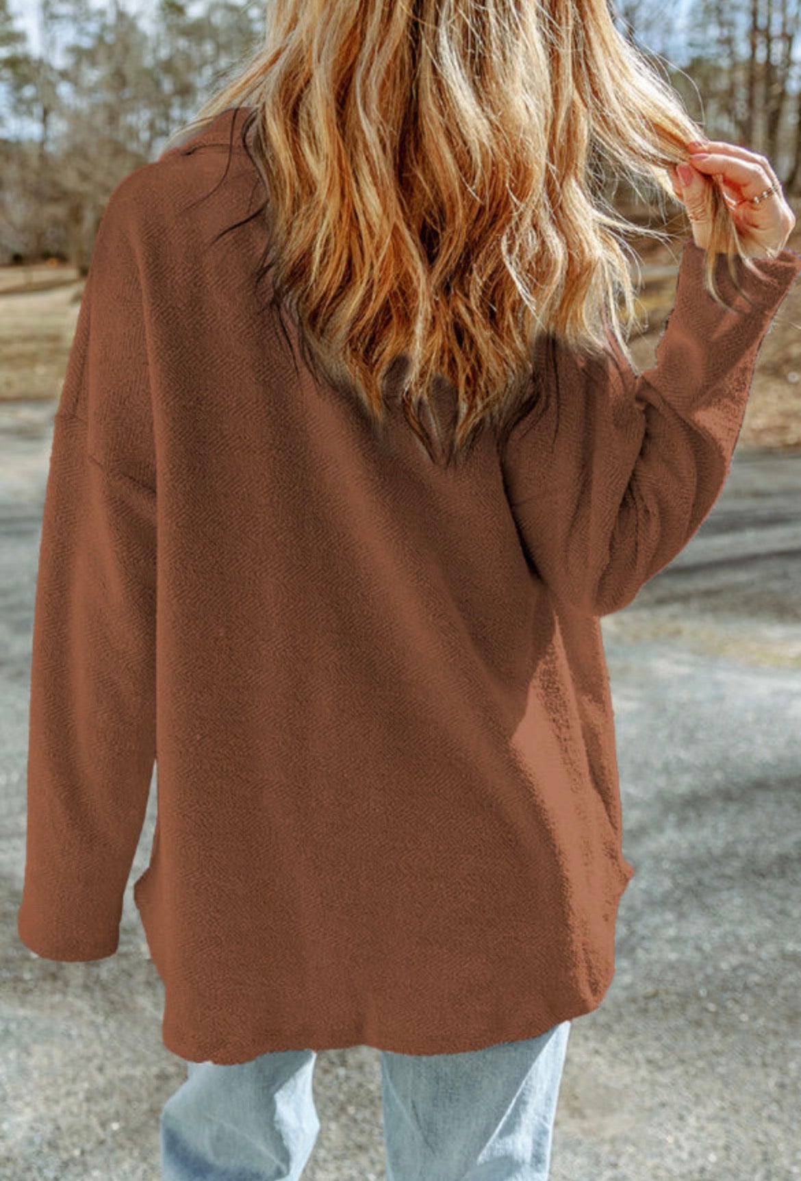 Brown exposed seam shacket