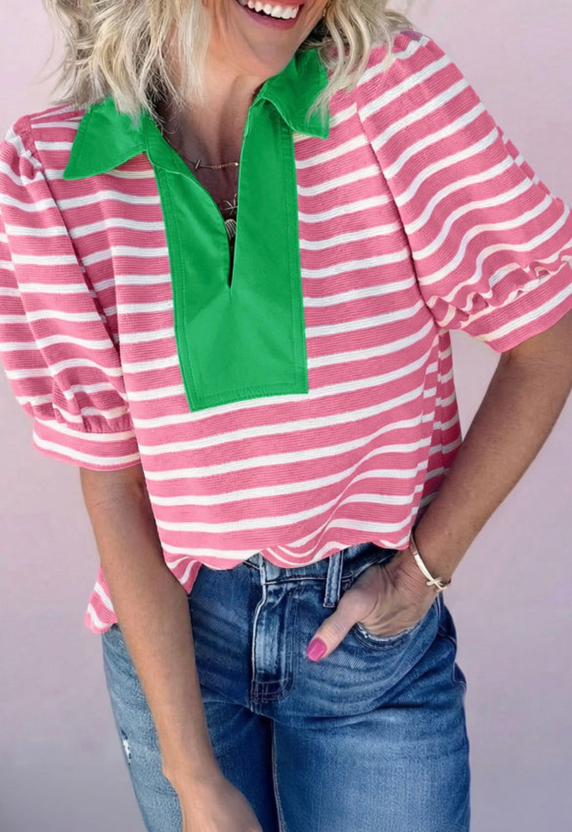 Pink striped green collar polo blouse