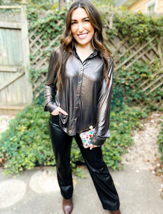 Midnight halo holographic button up blouse
