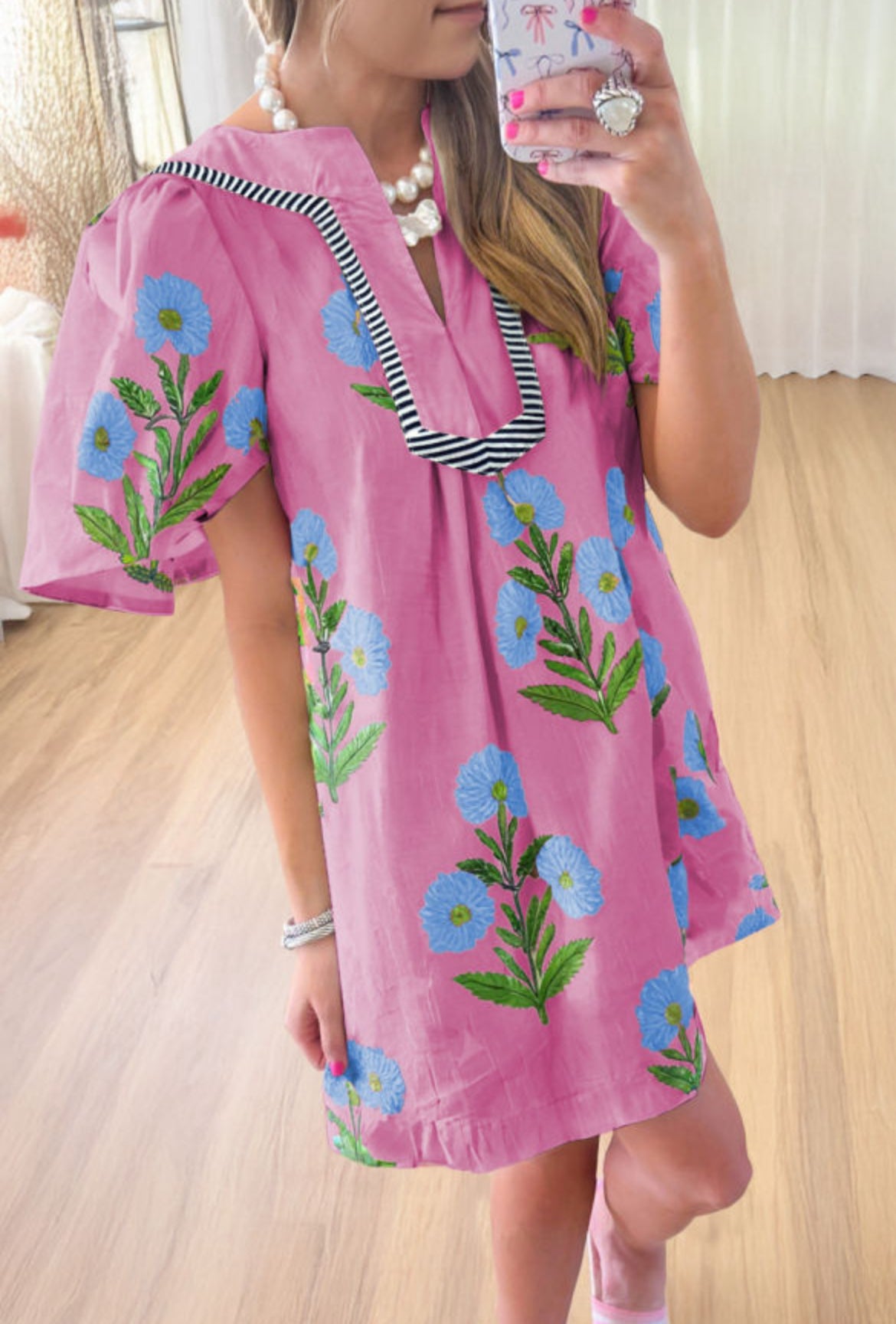 Pink floral split neck dress