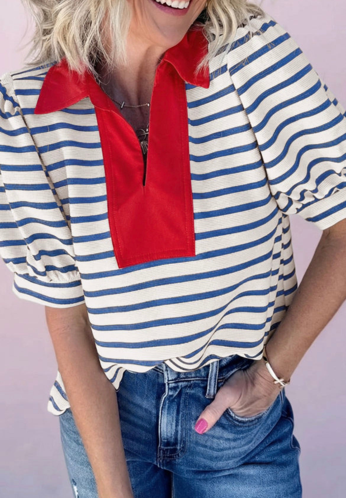 Blue stripe red collar polo blouse
