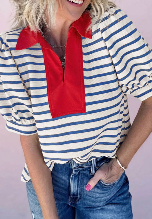 Blue stripe red collar polo blouse