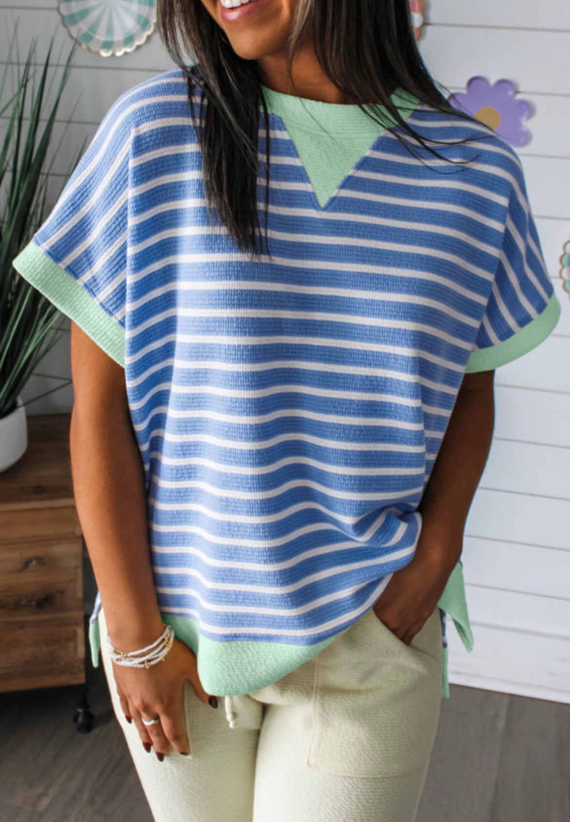 Blue striped contrast trim blouse
