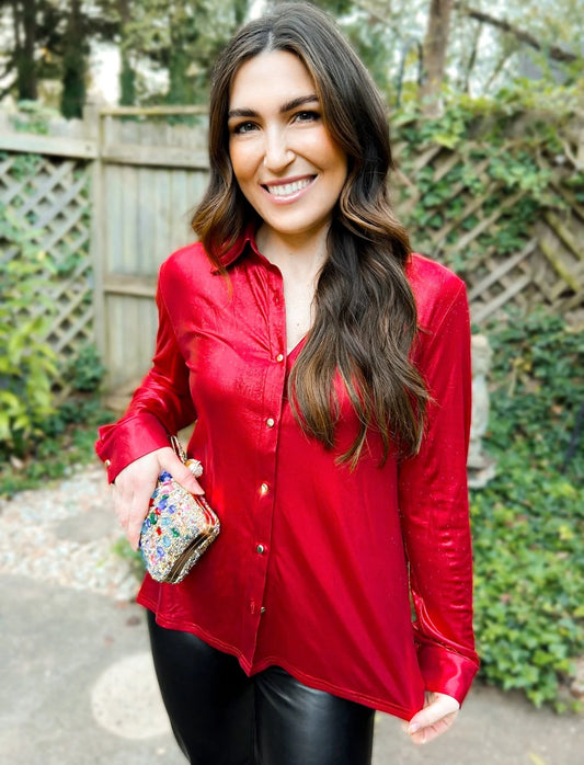 Red halo holographic button up blouse