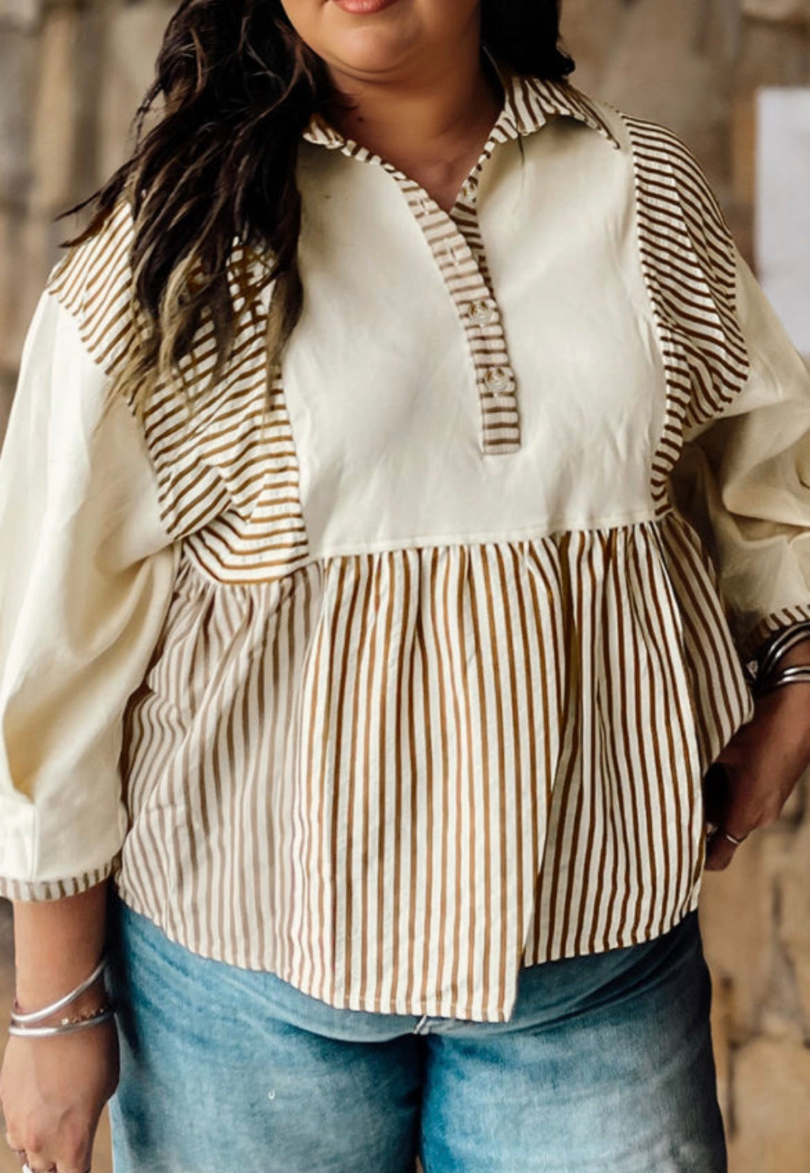 Khaki striped peplum blouse