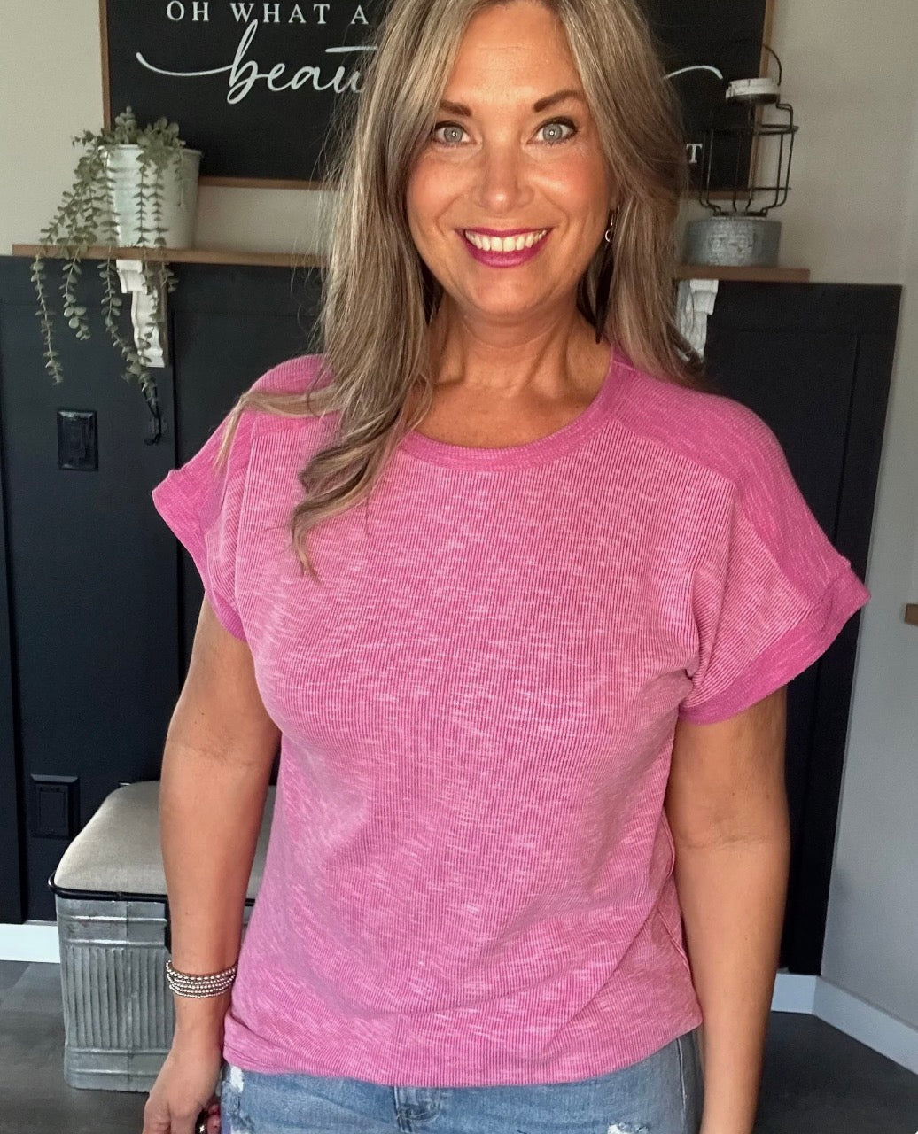 Magenta ribbed oversized top
