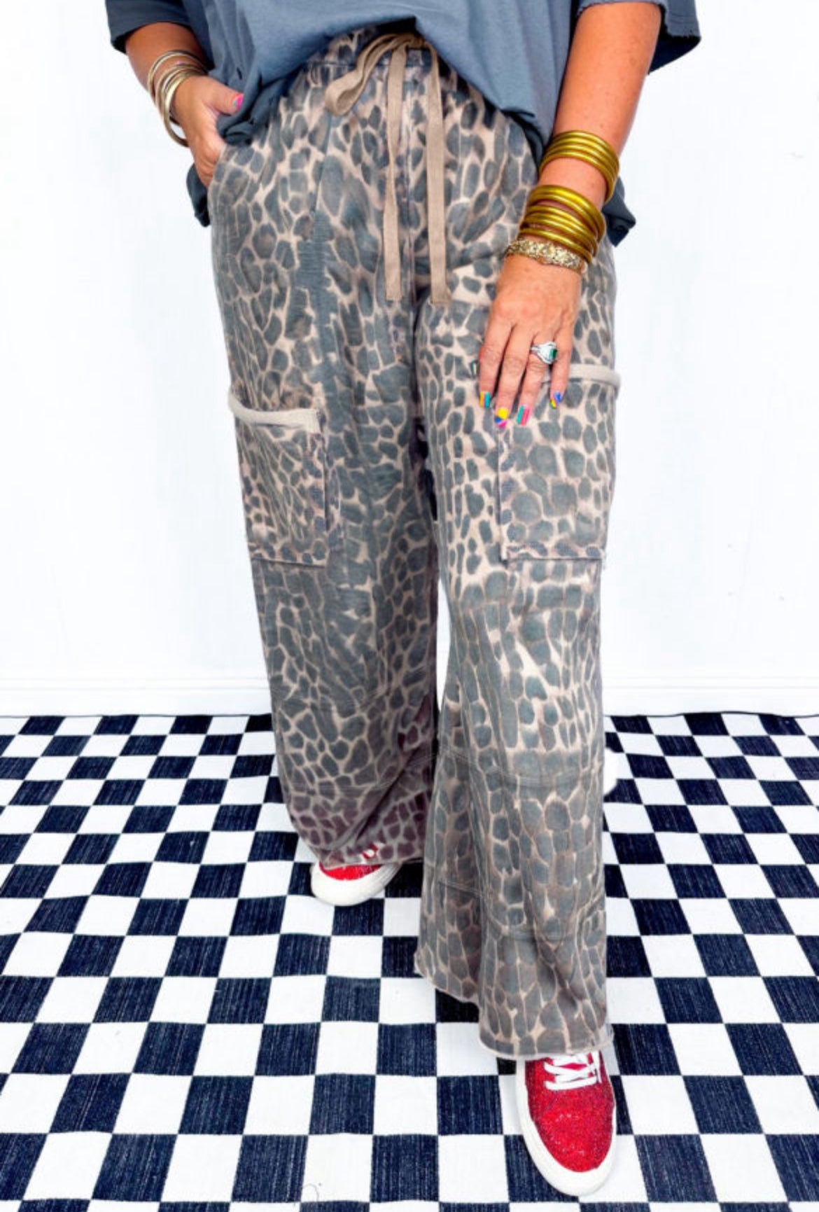 Leopard raw edge drawstring pants