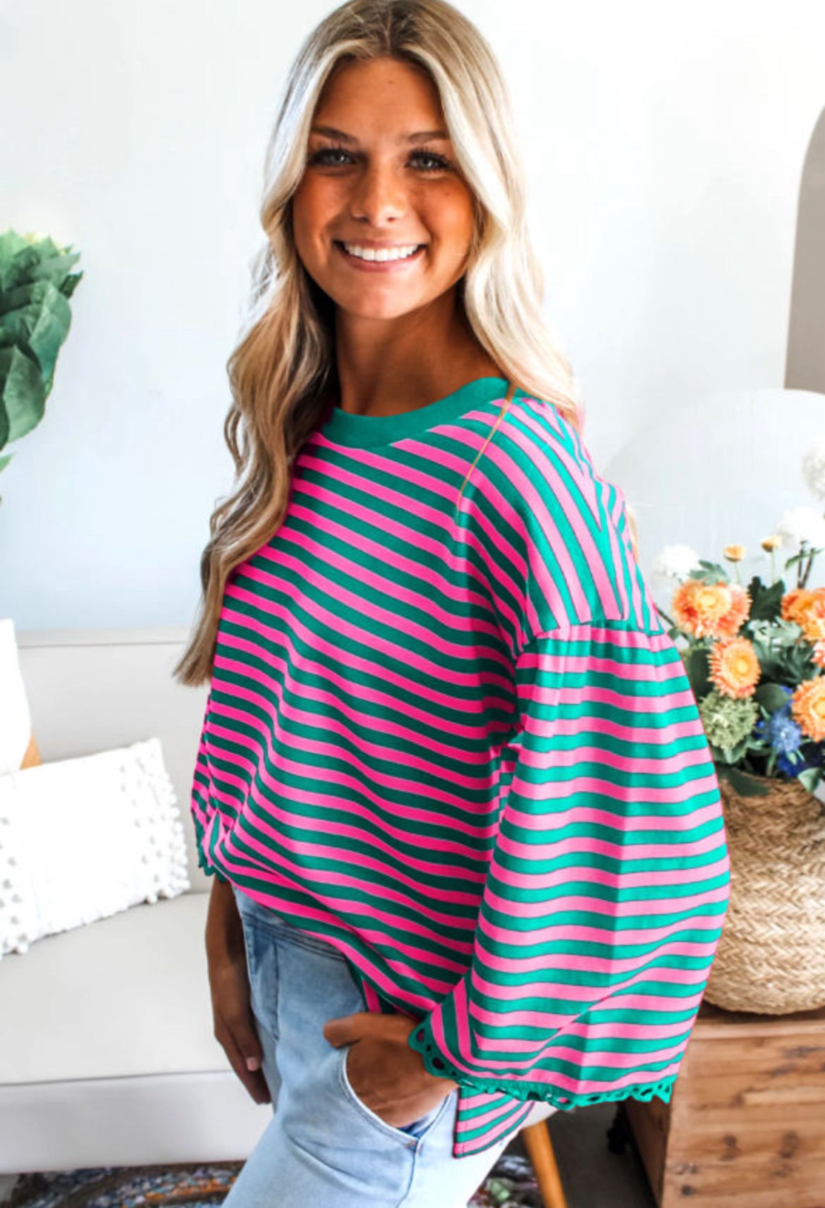 Striped lace trim blouse