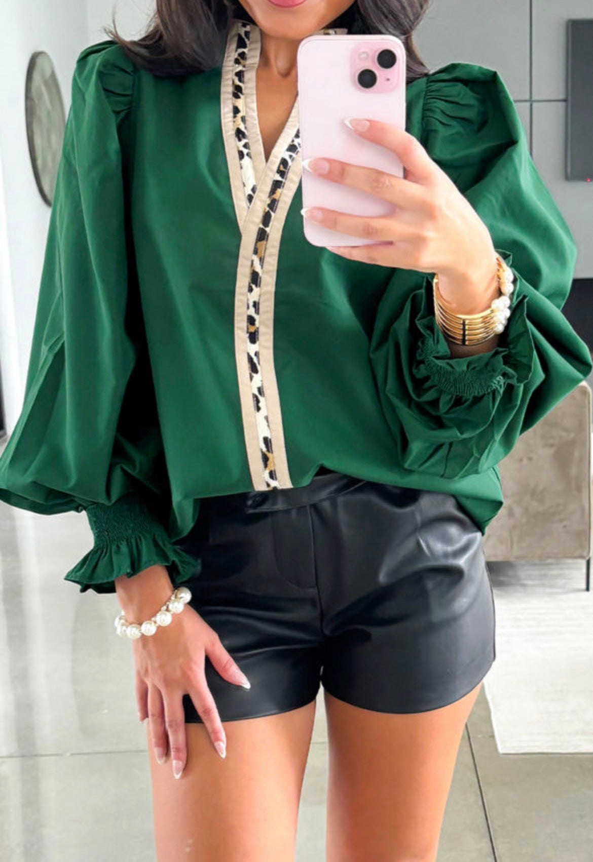Leopard trim green blouse
