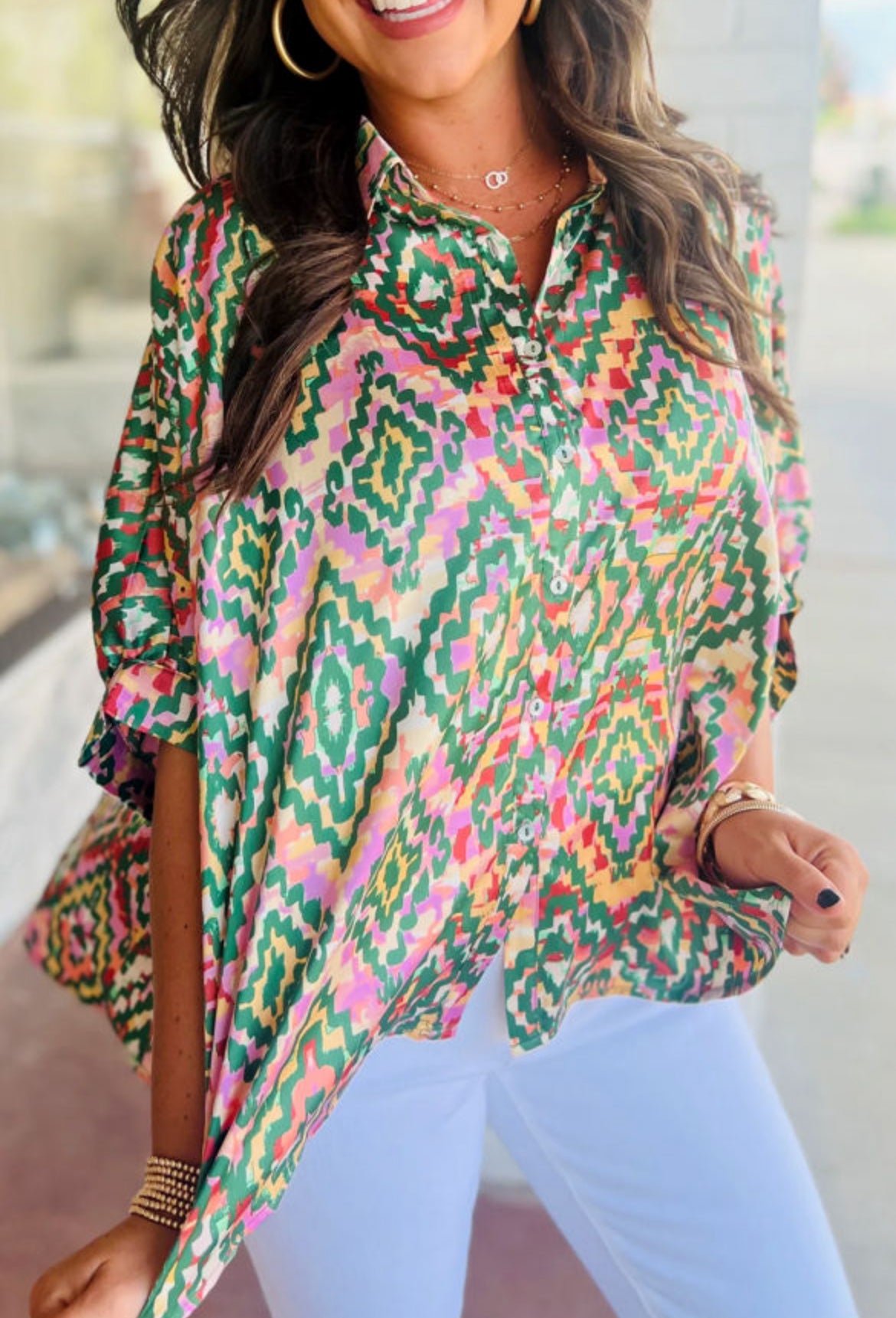 Green abstract button up blouse