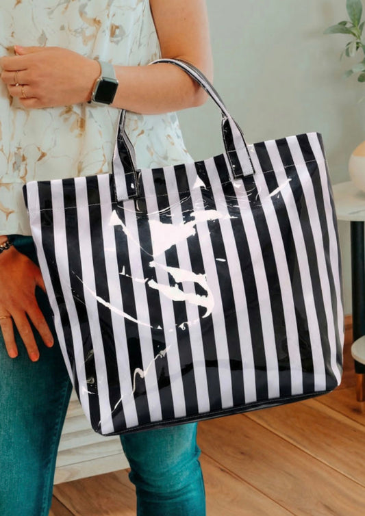 Black striped tote bag