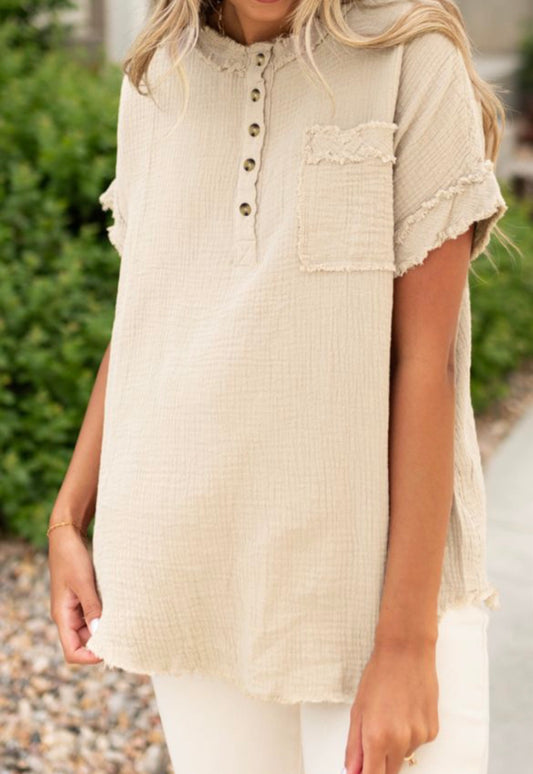 Frayed trim half button blouse