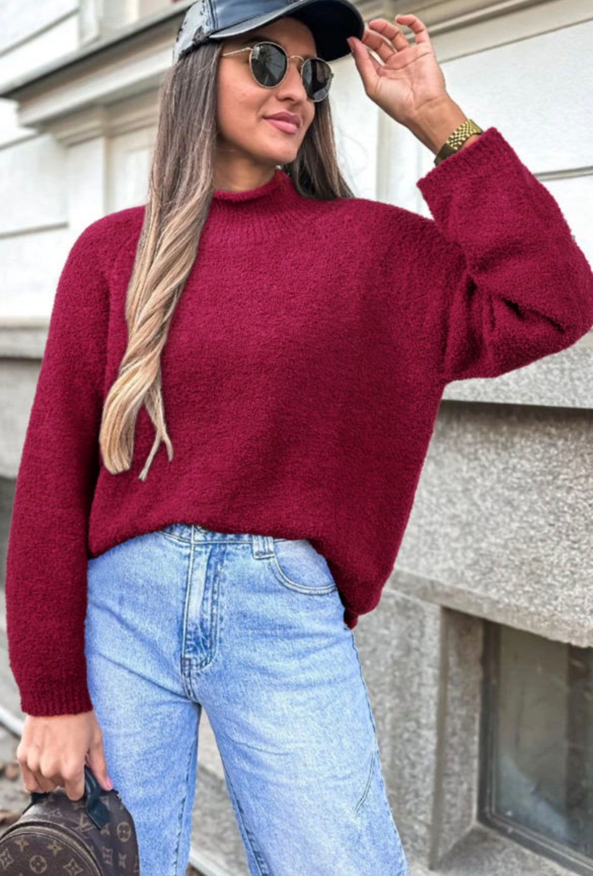 Popcorn mock neck sweater