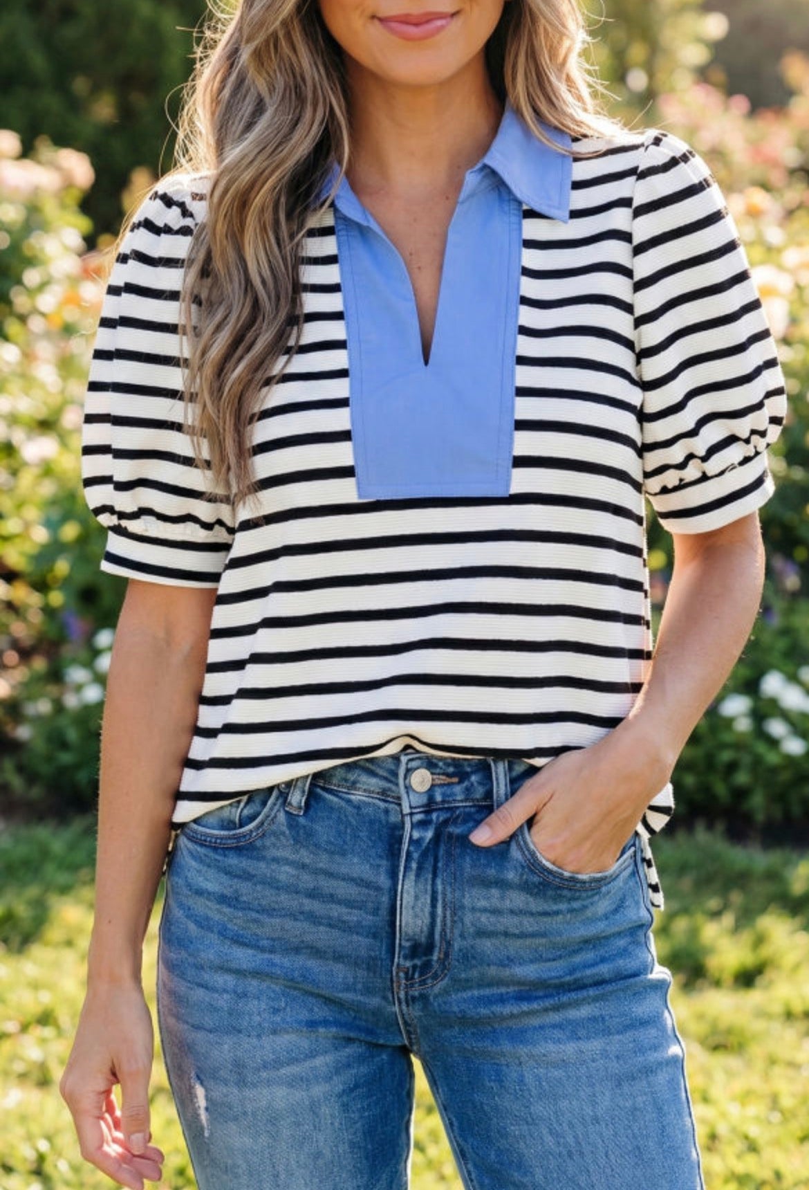 Black stripe blue collar polo blouse