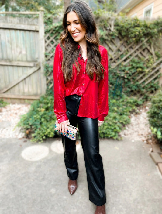 Red halo holographic button up blouse