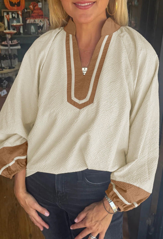 Textured V neck blouse