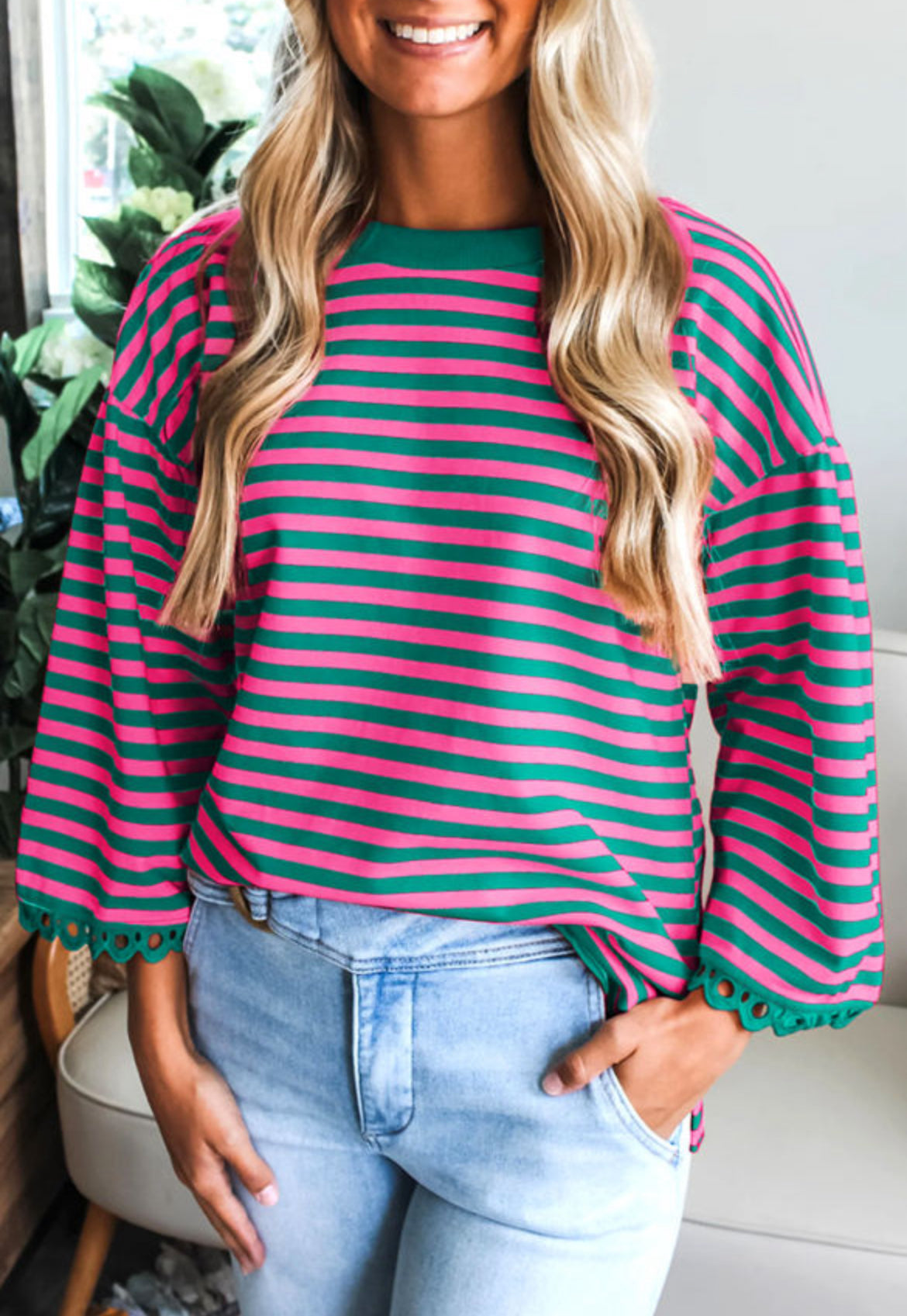 Striped lace trim blouse