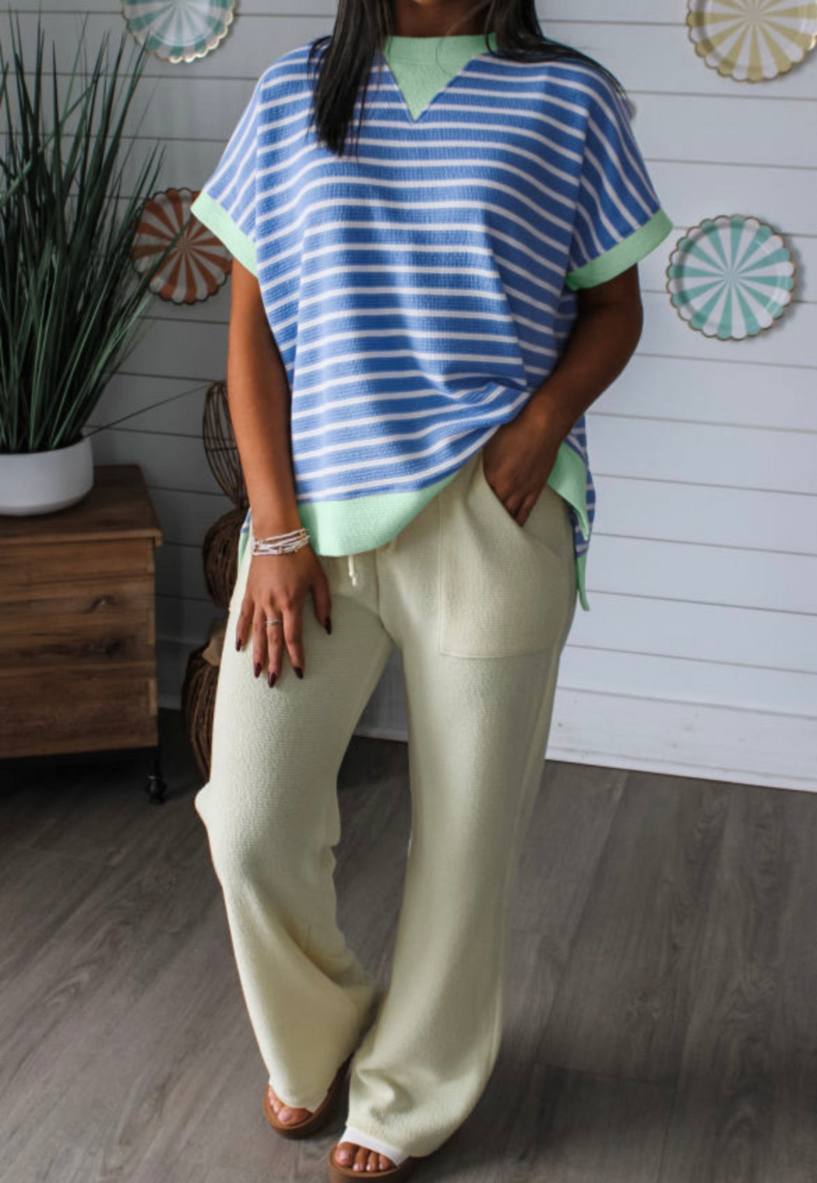Blue striped contrast trim blouse