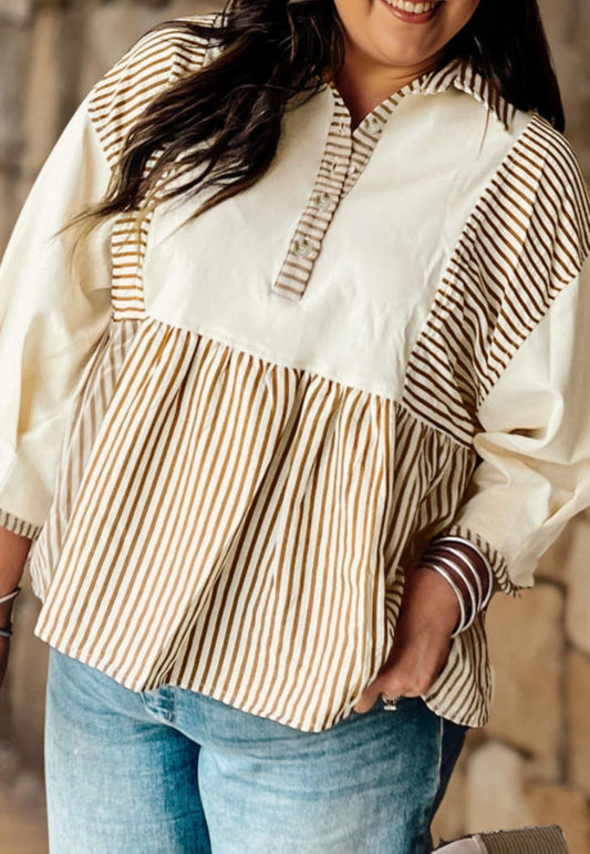 Khaki striped peplum blouse
