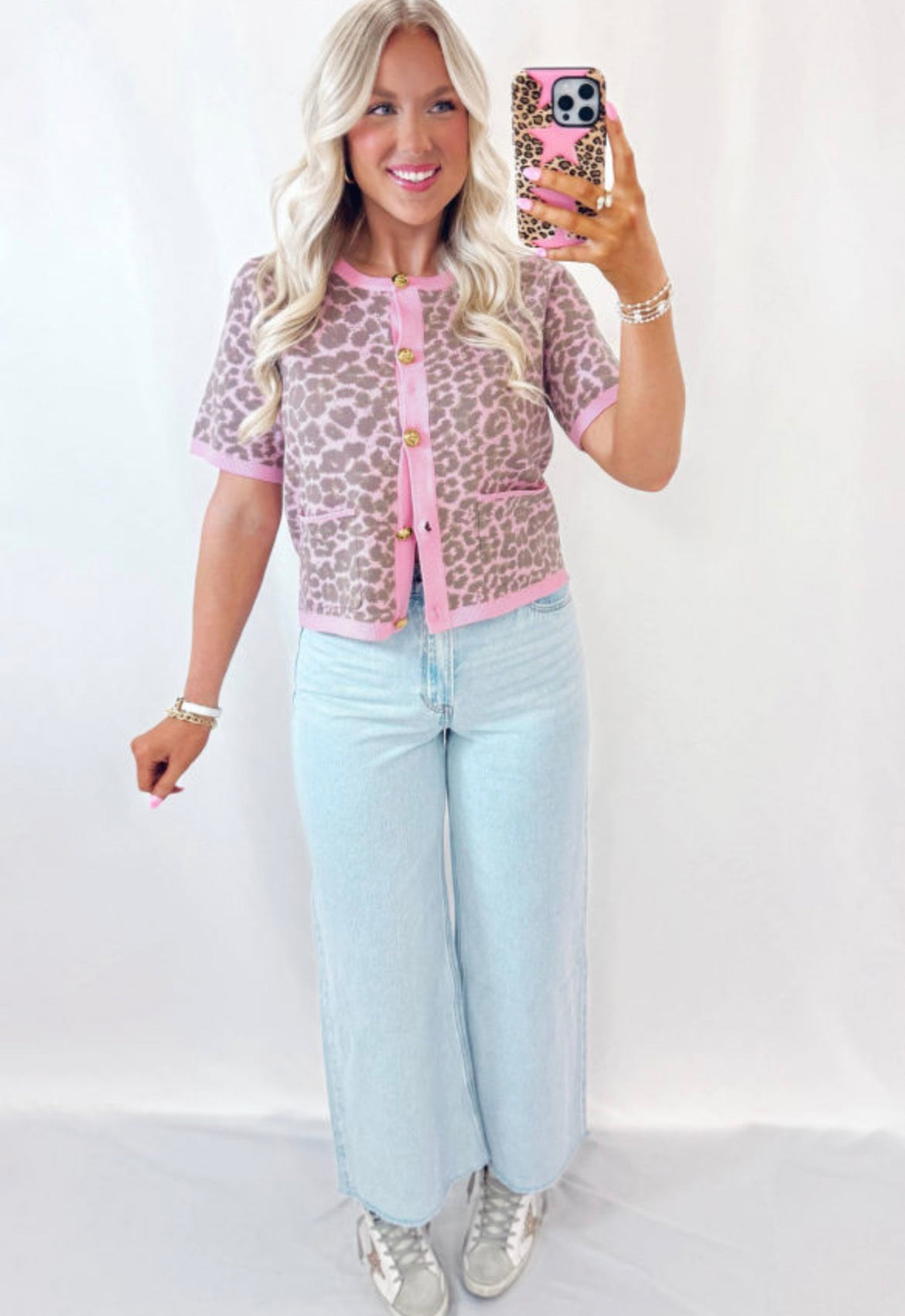 Preppy pink leopard cardigan
