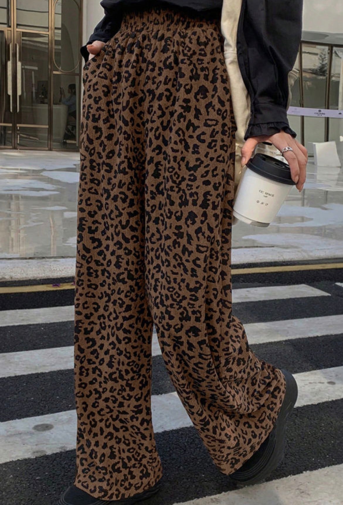 Leopard wide leg corduroy pants